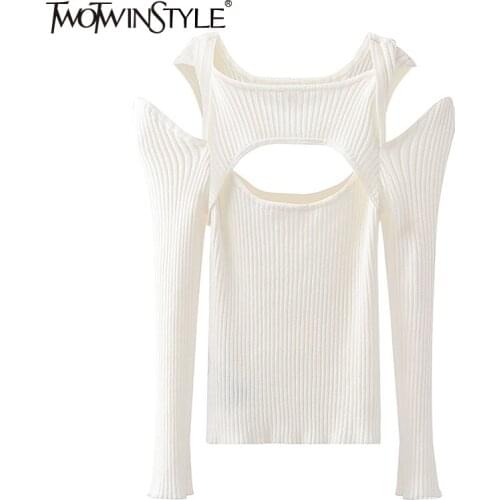 TWOTWINSTYLE Black Cut Out Solid Slim Sweater For Women Square Collar Long Sleeve Sexy Korean Fashion Sweaters Female Autumn New