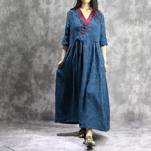 Women Vintage Cotton Linen Jacquard Dress ladies Retro Loose casual Dress Female National V neck Handmade button Dress Spring