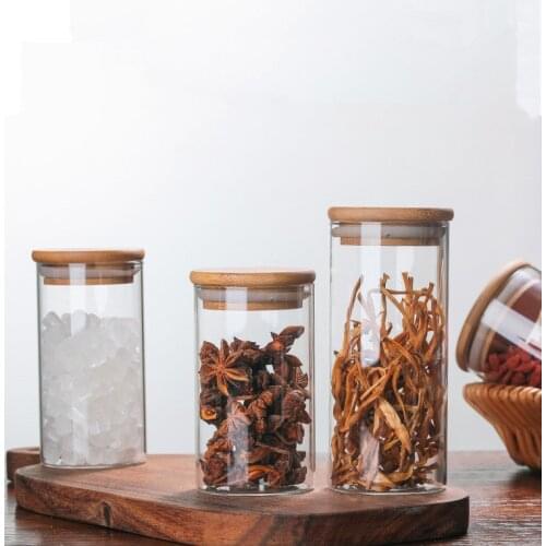 1PC Glass Food Storage Bottle Bamboo Cover Sealed Grains Nuts Tank Can Kitchen Sorting Food Storage Box Container JM 004