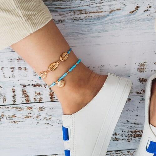 HuaTang 2pcs Boho Alloy Shell Charms Anklets Set for Women Girls Natural Strand Beads Foot Chain Bracelet Beach Jewelry C09110