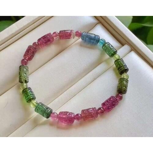 6.5mm Natural Brazil Tourmaline Quartz Gemstone AAAAA Clear Crystal Round Beads Carved Bracelet