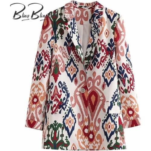 BlingBlingee Za 2021 Autumn Woman Jacket Traf Notched Collar Single Button Slim Colored Print Casual Blazers Female Long Coats
