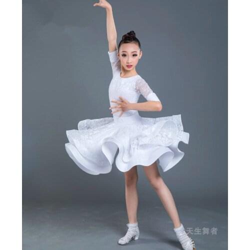 Children Latin Dance Dress Ballroom Baby Girl Tutu Lace Black White Design Stage Clothing Salsa Samba Dance Costume 130-160CM