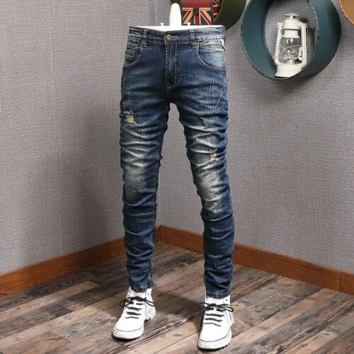 European American Street Fashion Men Jeans Retro Dark Blue Elastic Slim Fit Ripped Jeans Men Spliced Designer Denim Punk Pants