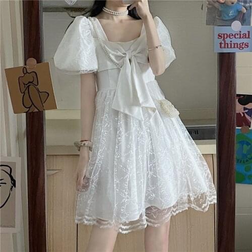 French Temperament Sweety College Style Dress Kawaii Square Collar Bow Cute Puff Sleeve Tender Lace Splicing A-Line Mini Dresses