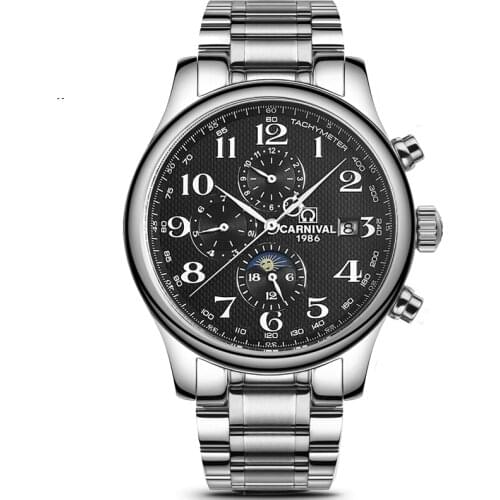Carnival Mens Business Multifunction Dress Sun Moon Dial Automatic Self Wind Mechanical Wrist Watches With Month,Week,Date