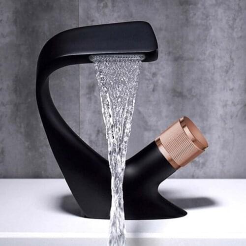 Matte Black Faucet Solid Brass Bathroom Sink Faucets Hot Cold Water Mixer Crane Deck Mounted Wash Basin Creativity Waterfall Tap