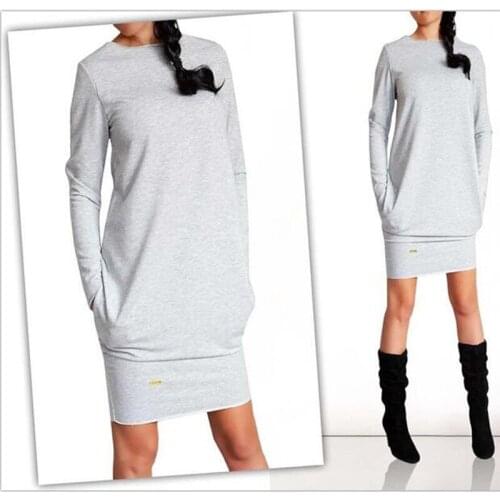 Fashion Women Long Sleeve Autumn Winter Dresses O-Neck Casual Pocket Dress Vestidos Plus Size Mini Sheath Work Office Dress