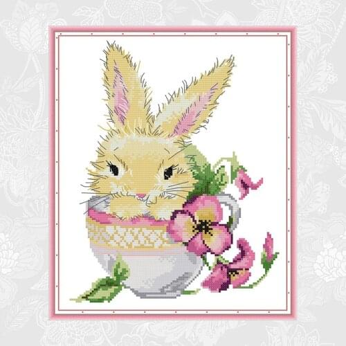 Rabbit in The Cup Cross Stitching Handwork Beginner Embroidery Sets Aida Canvas Cross-stitch 11CT 14CT Needlework DIY Decoration