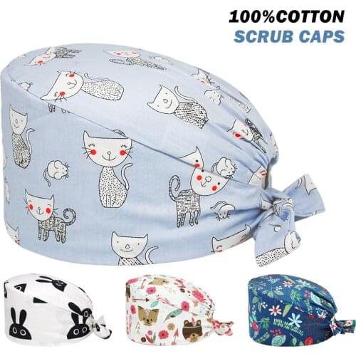 New Surgicals Hats Adjustable Pure Cotton Cat Printing Nursing Hat Clinic Pet Shop Beauty Salon Nurse Scrub Cap Work Accessories