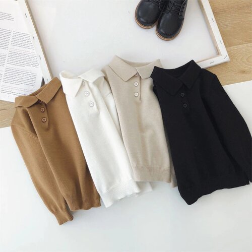 Autumn Winter Baby Boys Girls Sweaters Kids Clothing Boys Girls Pullover Turn-down Collar Pure Color Knitted Sweaters Clothing