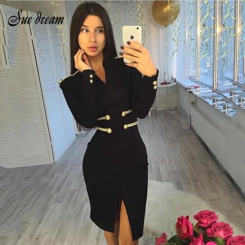 Sexy Black Vintage Luxury Bandage Dress Winter Womens V-neck Long Sleeve Dress Fashion Club Evening Party Bodycon Vestidos