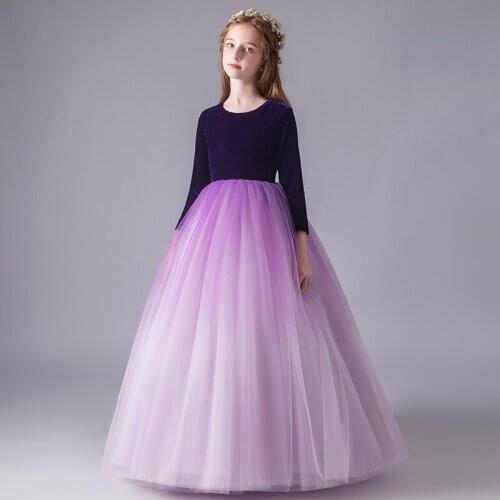Flower Girl Dress Illusion Luxury Gradient Purple Princess Lace O-Neck Full Floor-Length Tulle Elegant Cute Kids Party Gown H132