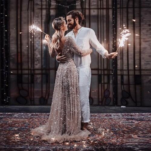 Pukguro Glitter Sequin A Line Wedding Dresses Long Sleeves Side Slit Beach Bride Dress V Back Shiny Wedding Gown Custom Made