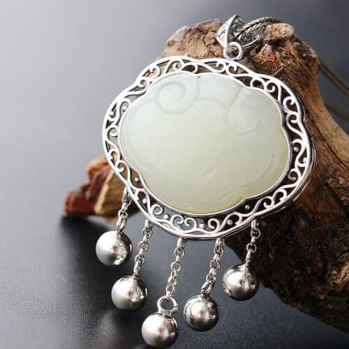 Silver Jewelry Wholesale Inlay Natural Hetian Jade Retro Thai Silver Pendant Vintage S925 Sterling Silver Tassel Silver Lock