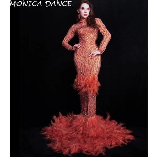 Women Fashion Sexy stage Red Rhinestones Feather Dress Birthday Celebrate Dress Prom Evening Stage Singer Dancer Train Dress