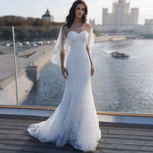 Booma Lace Mermaid Wedding Dresses with shawl 2019 Elegant Appliqued Open Back Corset Lacing Bridal Gown Customized Plus Size