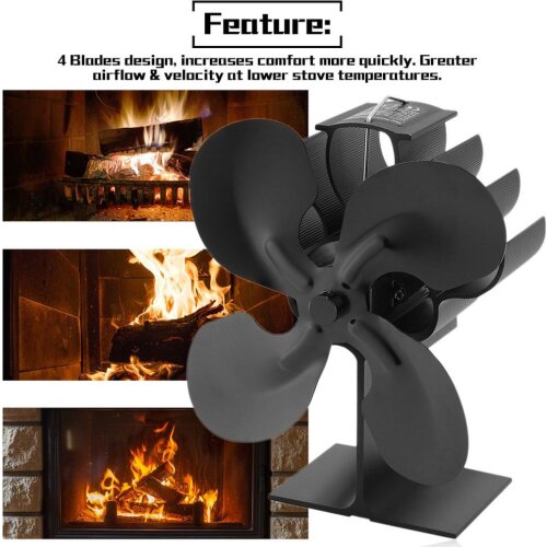 Black Fireplace 4 Blade Heat Powered Stove Fan komin Log Wood Burner Eco Friendly Quiet Fan Home Efficient Heat Distribution