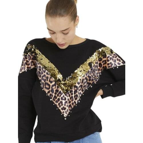 2021 Womens Black Front Sequined Stone Leopard Detail Sweatshirt Fashion Women Autumn Long Sleeve Hoodies Streetwear Chic