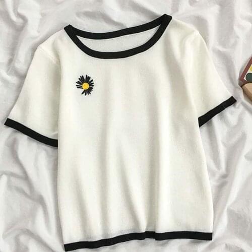 Contrasting Color Small Daisy Embroidery Short Short-sleeved T-shirt Women Casual All-match Ice Silk Thin Knitted Top