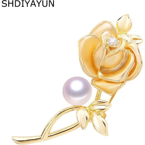 SHDIYAYUN 2019 Pearl Brooch For Women Classic Gold Rose Flower Brooches Pins Natural Freshwater Pearl Fine Jewelry Accessories