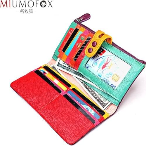 Women Genuine Leather Wallet Colourful Female Long Real Leather Clutch Purse Ladies Zipper Phone Coin Purse Billfold Womens Bag