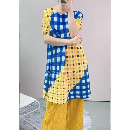 CHANGPLEAT Summer Color Patchwork Plaid Womens Dress Miyak fold Fashion loose plus size slim short sleeve O-neck short dress