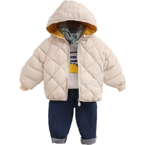 Winter Down Jacket For Children Cotton Padded Clothes Boys Girls Baby Warm Plus Velvet Thick Hooded Solid Color Coats Outerwears