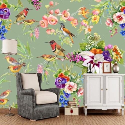 Watercolor Wild exotic birds on flowers. Natural landscape wallpaper mural for children room sofa restaurant background walpaper