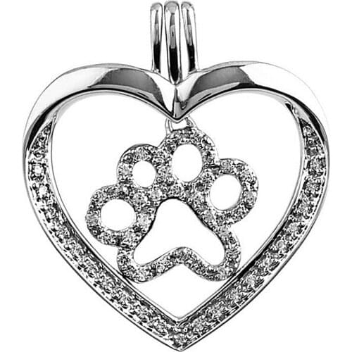 Double Nose Silver Plating Crystal Paw Print In The Heart Shape Dog Cat Lover Footprint Charms And Pendants For Necklaces Making