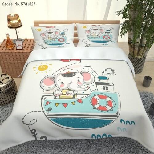 2/3 Piece Elephant Steamship Bedding Set 3D Print Navigation Anchor Duvet Cover Set Single Queen King Bed Quilt Cover Pillowcase