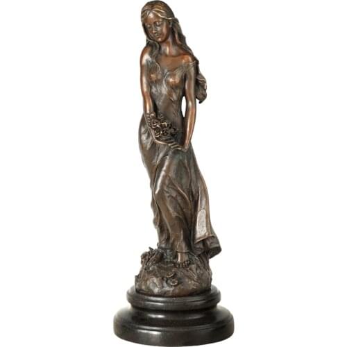 Pretty Girl with Flowers Sculpture Bronze Female Statue Vintage Metal Art Figurine for Desktop Decor