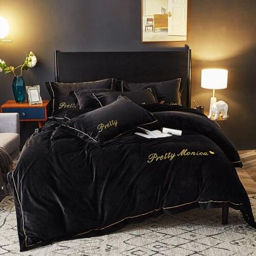 Gray Black Luxury Fleece Fabric Bedding Sets Embroidery Duvet Cover Linen Sheets Flat