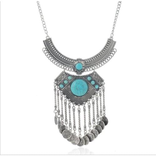 Trendy Silver Plated Round Green Turquoises Stone Pendant with Tassels Necklace Fashion Jewelry