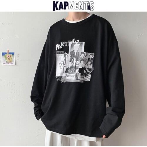 KAPMENTS Casual Men Japan Style Print T-shirts 2021 Autumn Mens Streetwear Hip Hop Tshirts Male Korean Black Long Sleeve T Shirt
