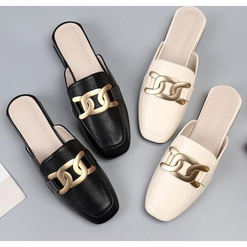 Slippers Casual Shoes Woman 2021 Big Size Cover Toe Female Mule Pantofle Low Luxury Flat Summer Mules New Rubber Slides Rome PU