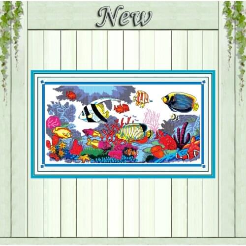 Tropical fish cartoon ocean painting counted printed on canvas DMC 14CT 11CT Chinese Cross Stitch Needlework Set Embroidery kits