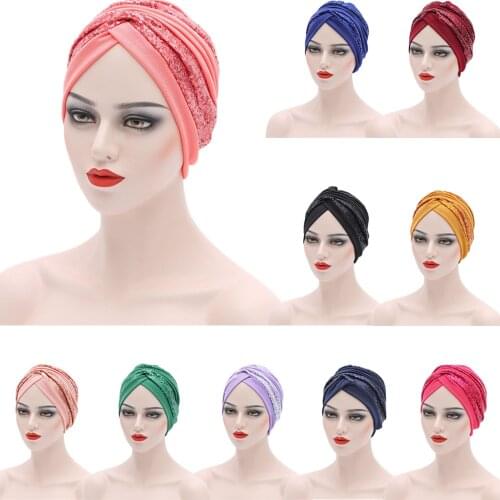 New Sequins African Auto Gele Headtie Muslim Women Hijab Turban Head Wrap Chemo Cap Bonnet Hat Islamic Hair Loss Cover Hat Scarf