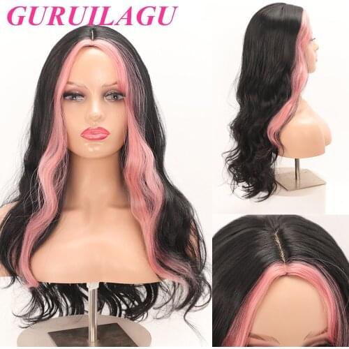 GURUILAGU Body Wave Wigs For Women Pink Black Natural Wigs Madle Part Long Heat Resistant Fiber Hair Synthetic Cosplay Wig Women