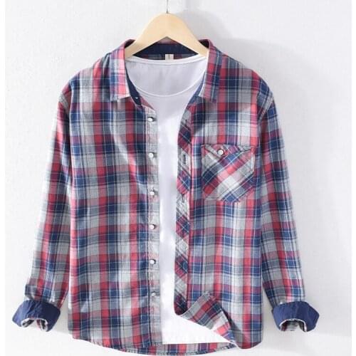 Long Sleeve Plaid Shirt for Men Red Pure Cotton Turn-down Collar Casual Tops Male Daily Button Up Vintage Clothing Blouse