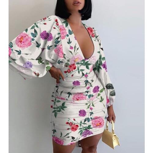 V-neck Sexy Womens Printed Lantern Long-sleeved High-waist Hip Wrap Dress Pretty Cute Summer Tight Dress
