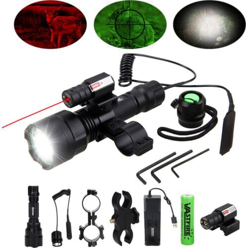 Tactical Flashlight Torch Hunting Lamp C8 LED flash light+Laser Dot Sight Scope+Switch+ Rail Barrel Mount+18650 battery+Charger