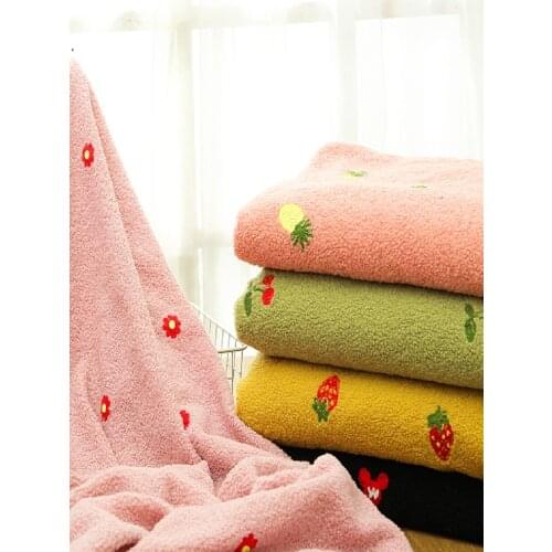 Embroidery Fabric Particle Loop Pile Cashmere Clothing Coat Vest Textile Strawberry for Sewing Cartoon Brocade White Pink DIY