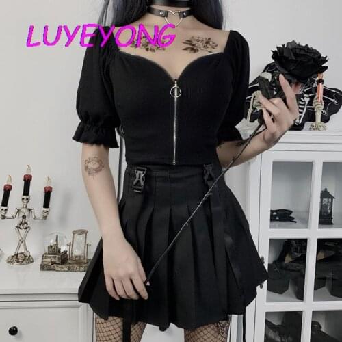 Black Dark Goth Woman Sexy T-shirt 2020 Lady Open Stitch Square Collar Zipper Puff Sleeve Hipster Tshirt Gothic Punk Short Top