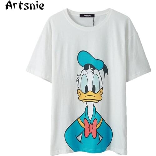 Artsnie disney donald cartoon t shirt women summer o neck short sleeve top femme streetwear oversized casual white t-shirt mujer