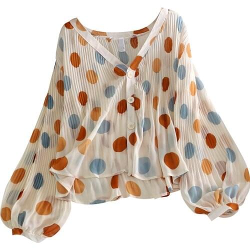 Women Summer Chiffon Blouse Shirt 2021 New Long Lantern Sleeve V-Neck Loose Polka Dot Shirt Tops Casual Stylish Pleated Blouses