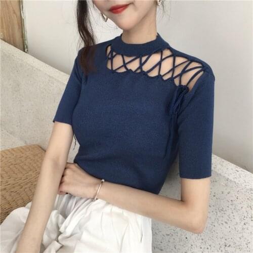 Women Knitted Short Sleeves Tee Shirt Hollow Out Summer Ladies Solid Color Casual Slim Fit Bottoming Tshirt Femme