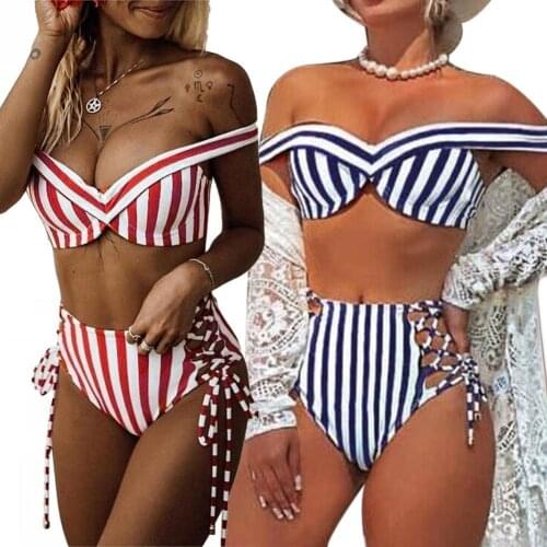 Women Off Shoulder Striped Bandage High Waist Bikini Set Two-piece Swimsuit