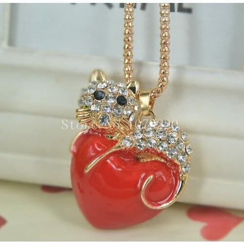 Red Heart Cat Sweater Bead Necklace Jewelry Crystal Women Long Necklace Pendants Rhinestone Chain Christmas Valentines Gift