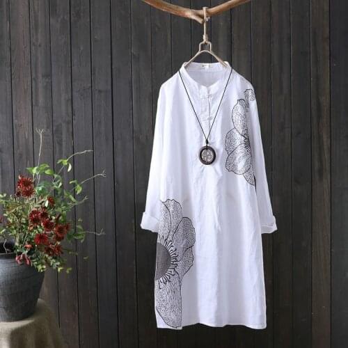 Womens jacket spring and autumn shirt skirt wild embroidery literary hedging mid-length loose shirt